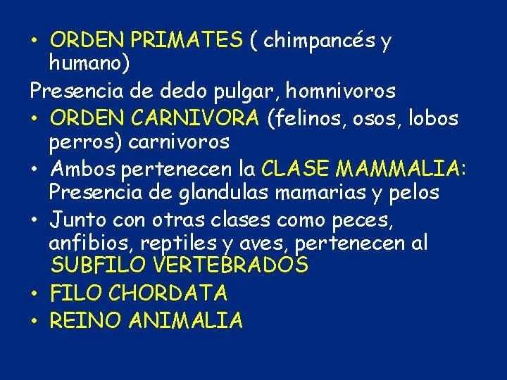  • ORDEN PRIMATES ( chimpancés y humano) Presencia de dedo pulgar, homnivoros •