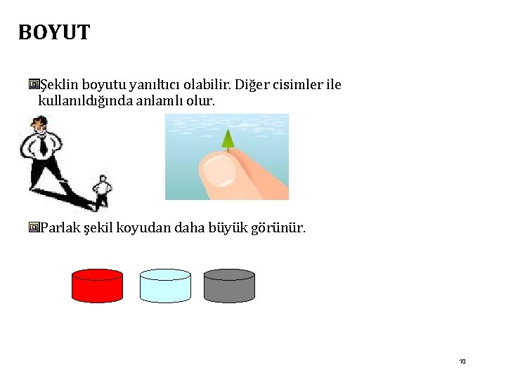 BOYUT Şeklin boyutu yanıltıcı olabilir. Diğer cisimler ile kullanıldığında anlamlı olur. Parlak şekil koyudan