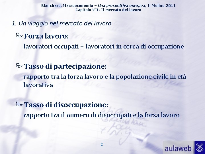 Blanchard, Macroeconomia – Una prospettiva europea, Il Mulino 2011 Capitolo VII. Il mercato del