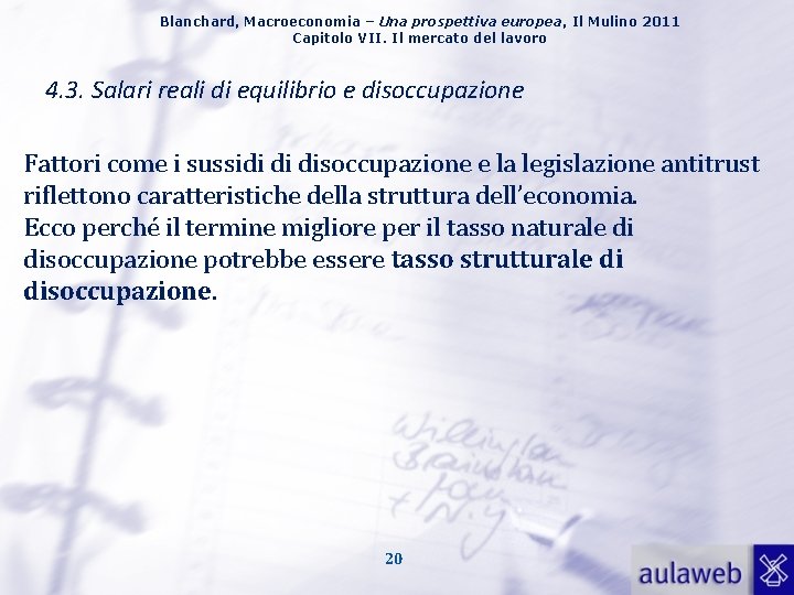 Blanchard, Macroeconomia – Una prospettiva europea, Il Mulino 2011 Capitolo VII. Il mercato del