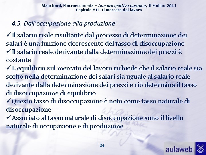 Blanchard, Macroeconomia – Una prospettiva europea, Il Mulino 2011 Capitolo VII. Il mercato del