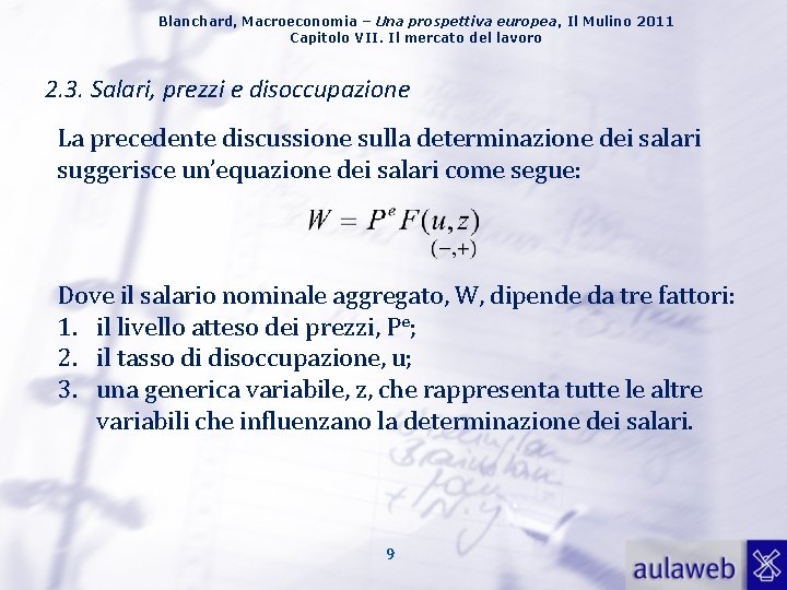 Blanchard, Macroeconomia – Una prospettiva europea, Il Mulino 2011 Capitolo VII. Il mercato del