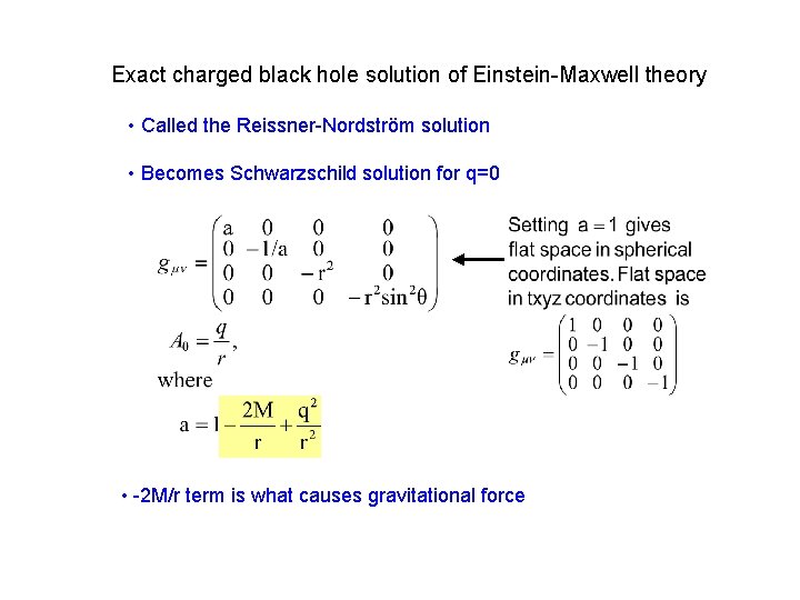 Exact charged black hole solution of Einstein-Maxwell theory • Called the Reissner-Nordström solution •