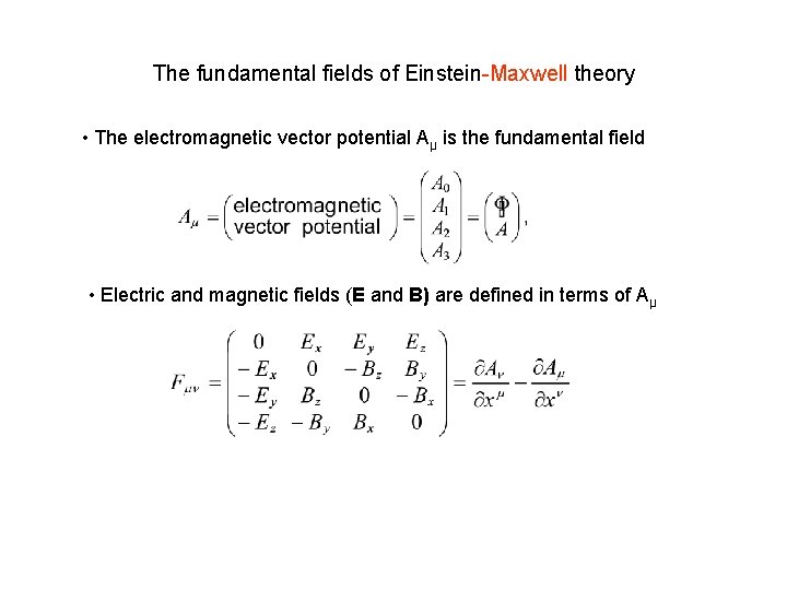 The fundamental fields of Einstein-Maxwell theory • The electromagnetic vector potential Aμ is the