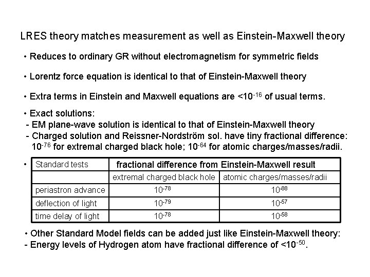 LRES theory matches measurement as well as Einstein-Maxwell theory • Reduces to ordinary GR