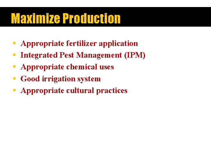 Maximize Production § § § Appropriate fertilizer application Integrated Pest Management (IPM) Appropriate chemical