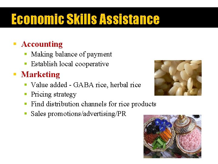 Economic Skills Assistance § Accounting § Making balance of payment § Establish local cooperative