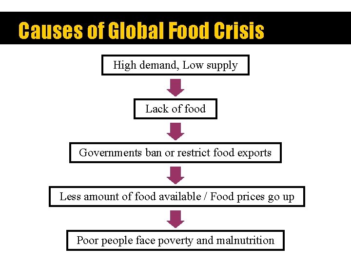 Causes of Global Food Crisis High demand, Low supply Lack of food Governments ban