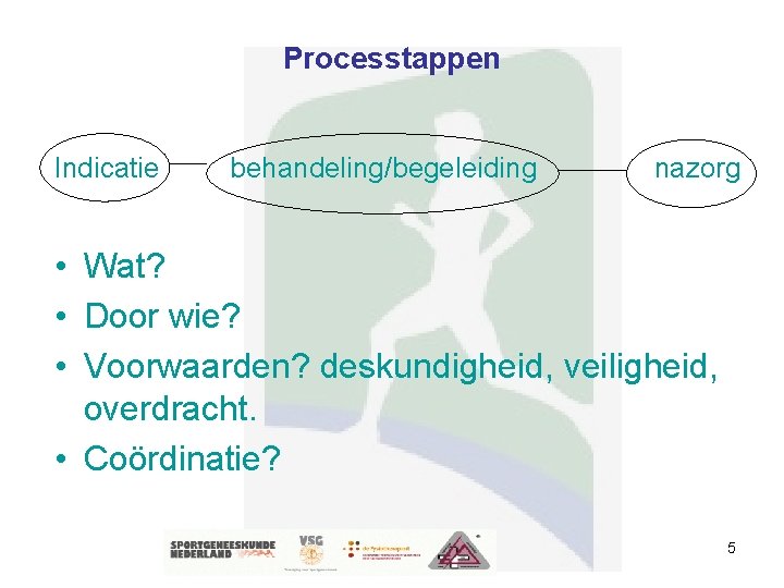 Processtappen Indicatie behandeling/begeleiding nazorg • Wat? • Door wie? • Voorwaarden? deskundigheid, veiligheid, overdracht.