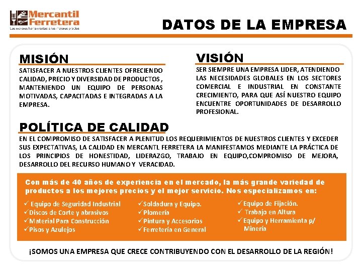 DATOS DE LA EMPRESA VISIÓN MISIÓN SATISFACER A NUESTROS CLIENTES OFRECIENDO CALIDAD, PRECIO Y