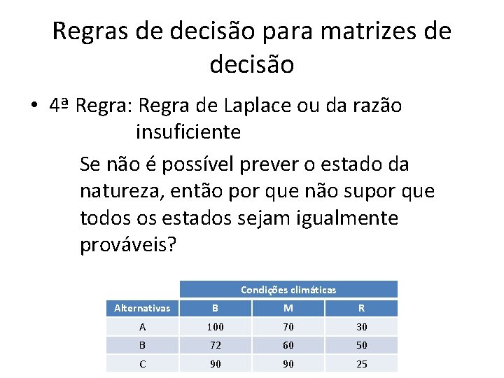 Regras de decisão para matrizes de decisão • 4ª Regra: Regra de Laplace ou