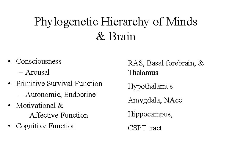 Phylogenetic Hierarchy of Minds & Brain • Consciousness – Arousal • Primitive Survival Function