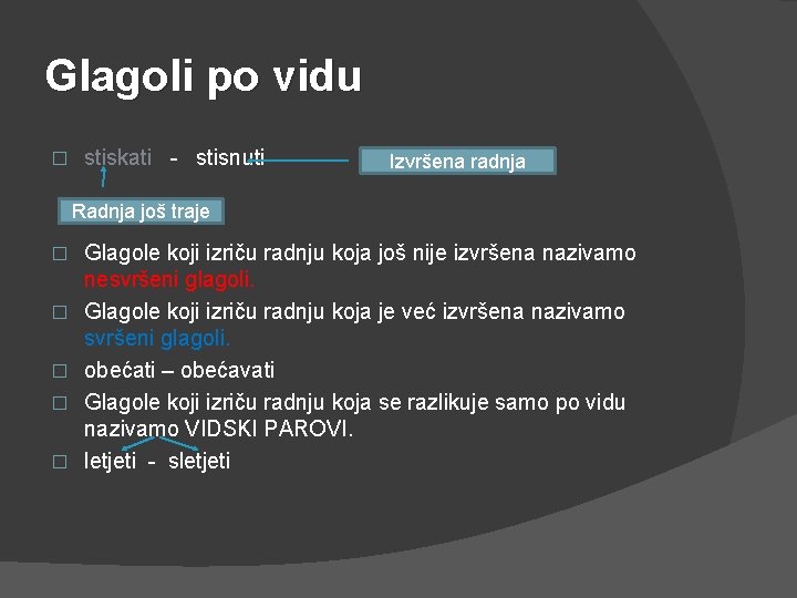 Glagoli po vidu � stiskati - stisnuti Izvršena radnja Radnja još traje � �