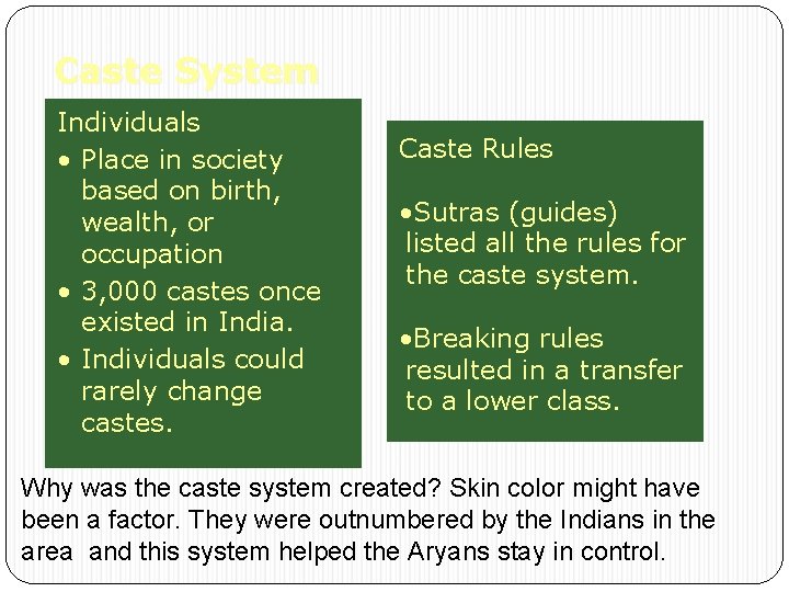 Caste System Individuals • Place in society based on birth, wealth, or occupation •