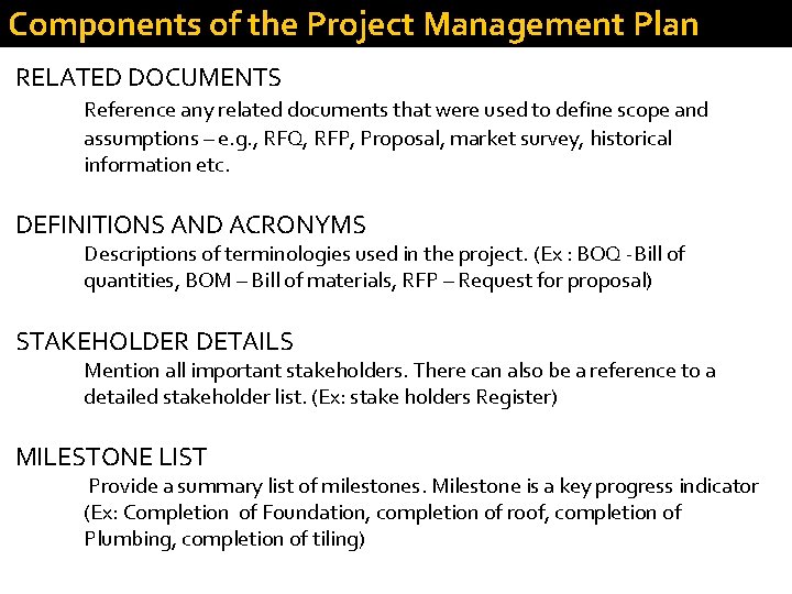 Components of the Project Management Plan RELATED DOCUMENTS Reference any related documents that were