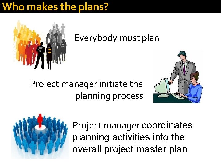Who makes the plans? Everybody must plan Project manager initiate the planning process Project