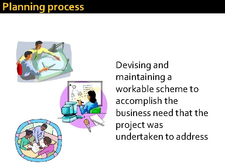 Planning process Devising and maintaining a workable scheme to accomplish the business need that