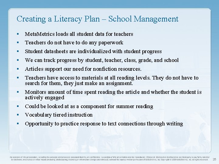 Creating a Literacy Plan – School Management § Meta. Metrics loads all student data