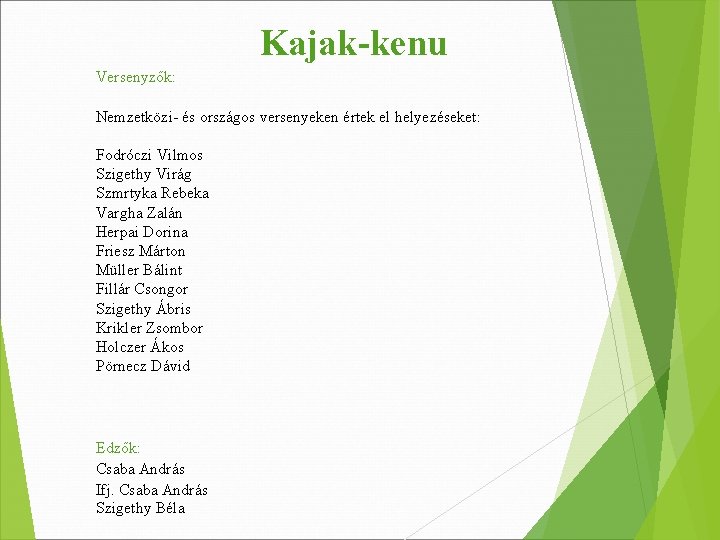 Kajak-kenu Versenyzők: Nemzetközi- és országos versenyeken értek el helyezéseket: Fodróczi Vilmos Szigethy Virág Szmrtyka Kajak-kenu Versenyzők: Nemzetközi- és országos versenyeken értek el helyezéseket: Fodróczi Vilmos Szigethy Virág Szmrtyka