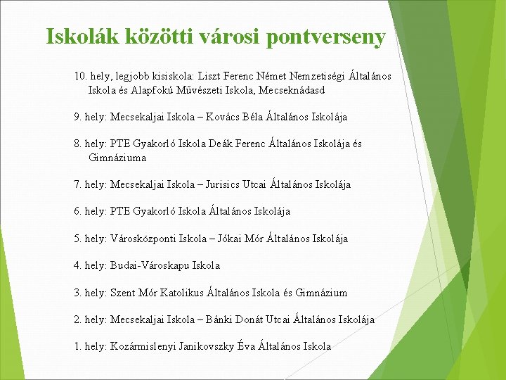 Iskolák közötti városi pontverseny 10. hely, legjobb kisiskola: Liszt Ferenc Német Nemzetiségi Általános Iskola Iskolák közötti városi pontverseny 10. hely, legjobb kisiskola: Liszt Ferenc Német Nemzetiségi Általános Iskola