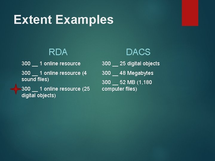 Extent Examples RDA DACS 300 __ 1 online resource 300 __ 25 digital objects