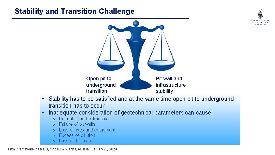 Stability and Transition Challenge Open pit to underground transition Pit wall and infrastructure stability