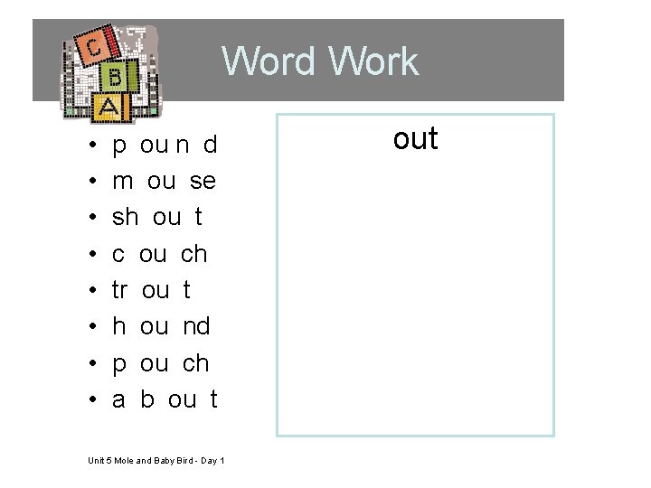 Word Work • • p ou n d m ou se sh ou t