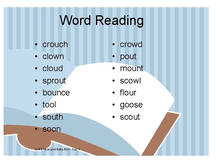 Word Reading • • crouch clown cloud sprout bounce tool south soon Unit 5