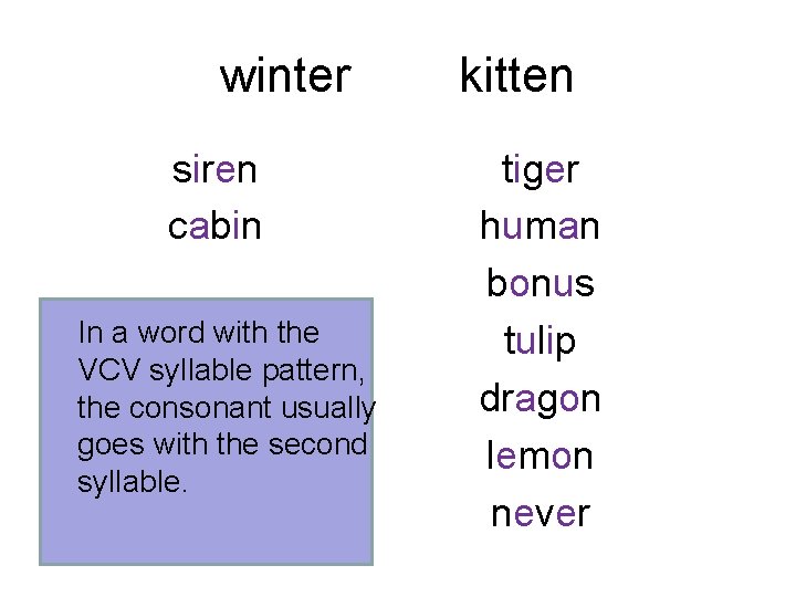 winter siren cabin In a word with the VCV syllable pattern, the consonant usually