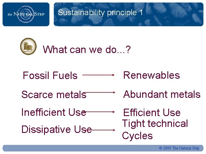 Sustainability principle 1 What can we do. . . ? Fossil Fuels Renewables Scarce
