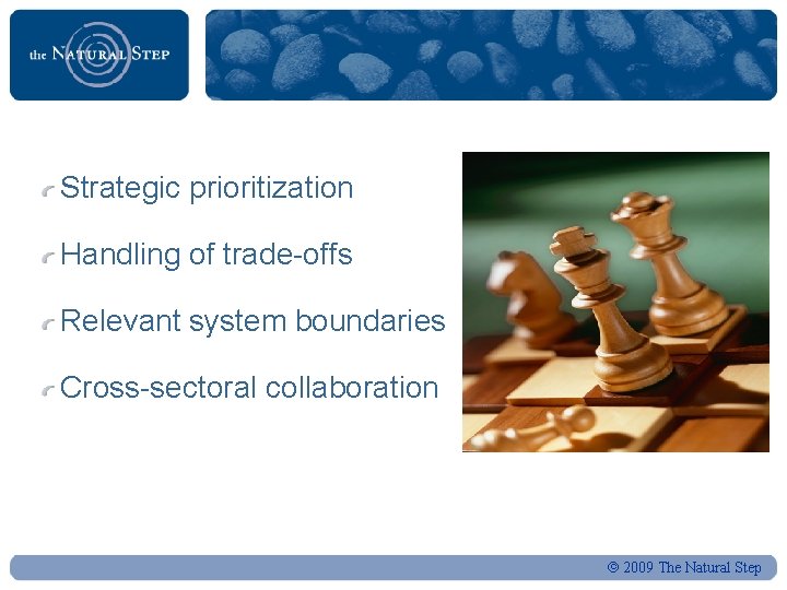 Strategic prioritization Handling of trade-offs Relevant system boundaries Cross-sectoral collaboration 2009 The Natural Step