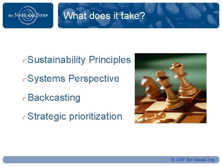 What does it take? Sustainability Principles Systems Perspective Backcasting Strategic prioritization 2009 The Natural