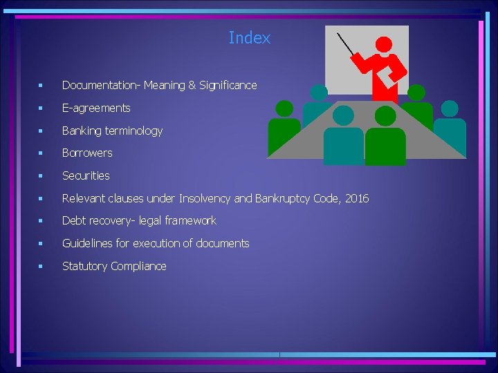 Index § Documentation- Meaning & Significance § E-agreements § Banking terminology § Borrowers §