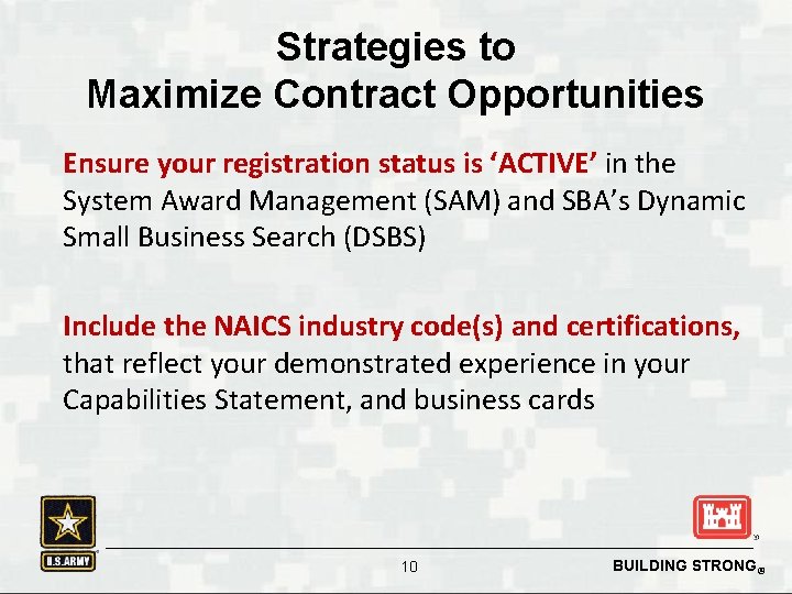 Strategies to Maximize Contract Opportunities Ensure your registration status is ‘ACTIVE’ in the System