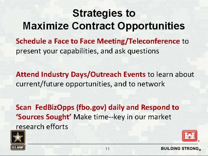 Strategies to Maximize Contract Opportunities Schedule a Face to Face Meeting/Teleconference to present your