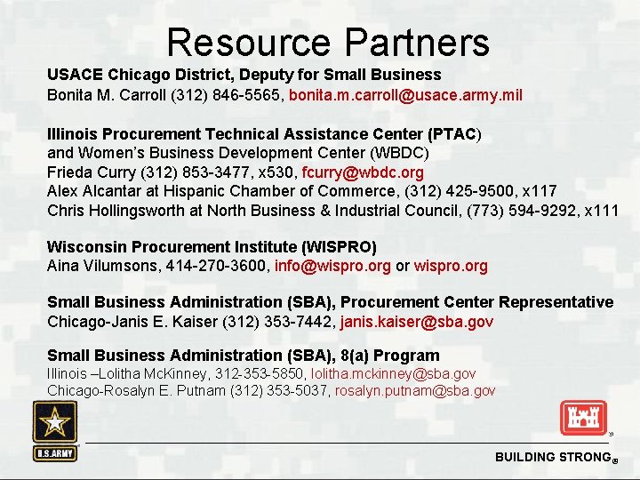 Resource Partners USACE Chicago District, Deputy for Small Business Bonita M. Carroll (312) 846