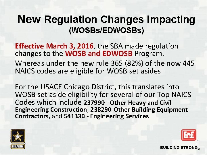 New Regulation Changes Impacting (WOSBs/EDWOSBs) Effective March 3, 2016, the SBA made regulation changes