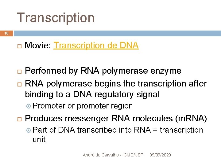 Transcription 16 Movie: Transcription de DNA Performed by RNA polymerase enzyme RNA polymerase begins