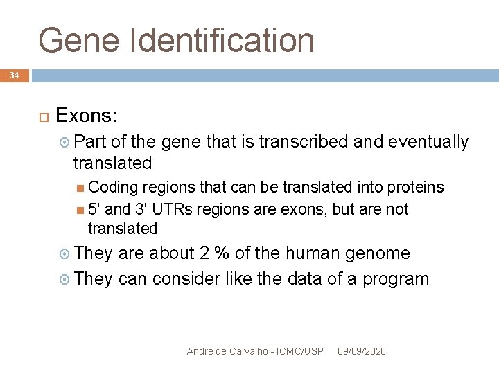 Gene Identification 34 Exons: Part of the gene that is transcribed and eventually translated