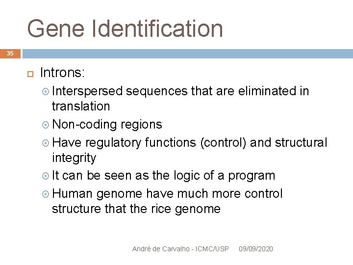 Gene Identification 35 Introns: Interspersed sequences that are eliminated in translation Non-coding regions Have