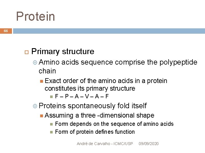 Protein 66 Primary structure Amino acids sequence comprise the polypeptide chain Exact order of