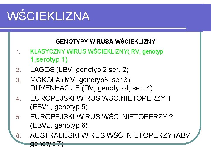 WŚCIEKLIZNA GENOTYPY WIRUSA WŚCIEKLIZNY 1. 2. 3. 4. 5. 6. KLASYCZNY WIRUS WŚCIEKLIZNY( RV,
