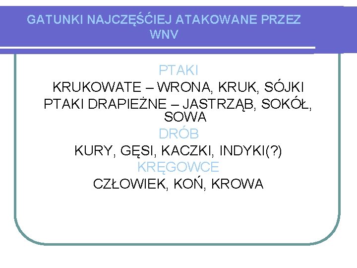 GATUNKI NAJCZĘŚĆIEJ ATAKOWANE PRZEZ WNV PTAKI KRUKOWATE – WRONA, KRUK, SÓJKI PTAKI DRAPIEŻNE –