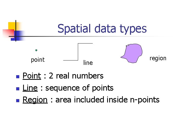 Spatial data types point n n n line region Point : 2 real numbers