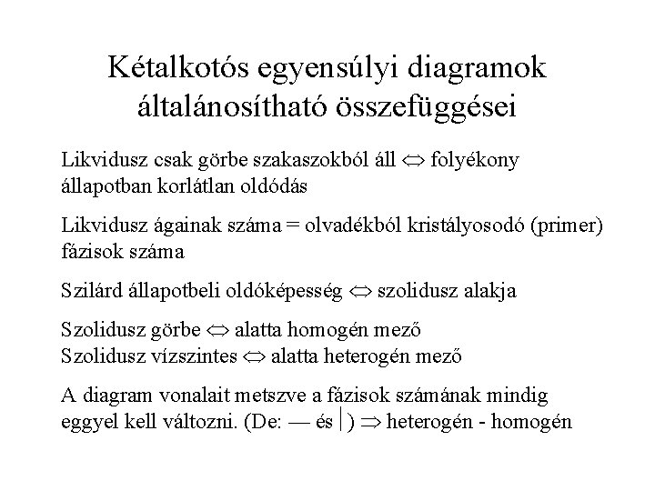 Kétalkotós egyensúlyi diagramok általánosítható összefüggései Likvidusz csak görbe szakaszokból áll folyékony állapotban korlátlan oldódás