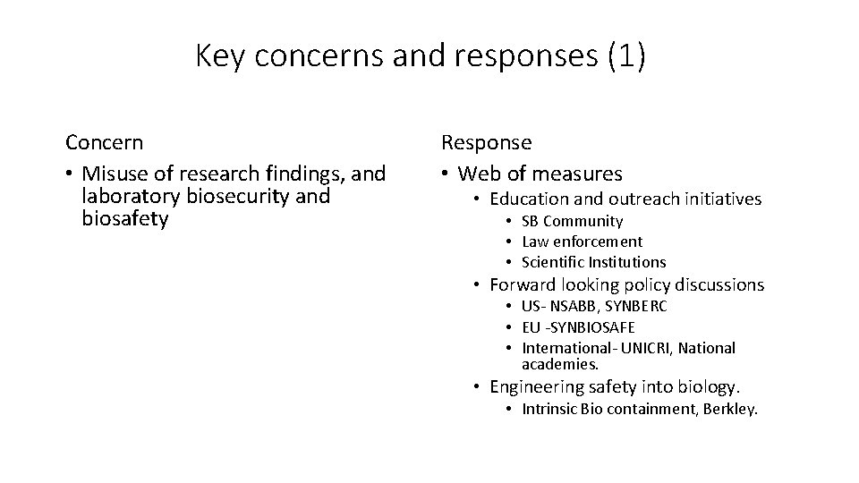 Key concerns and responses (1) Concern • Misuse of research findings, and laboratory biosecurity