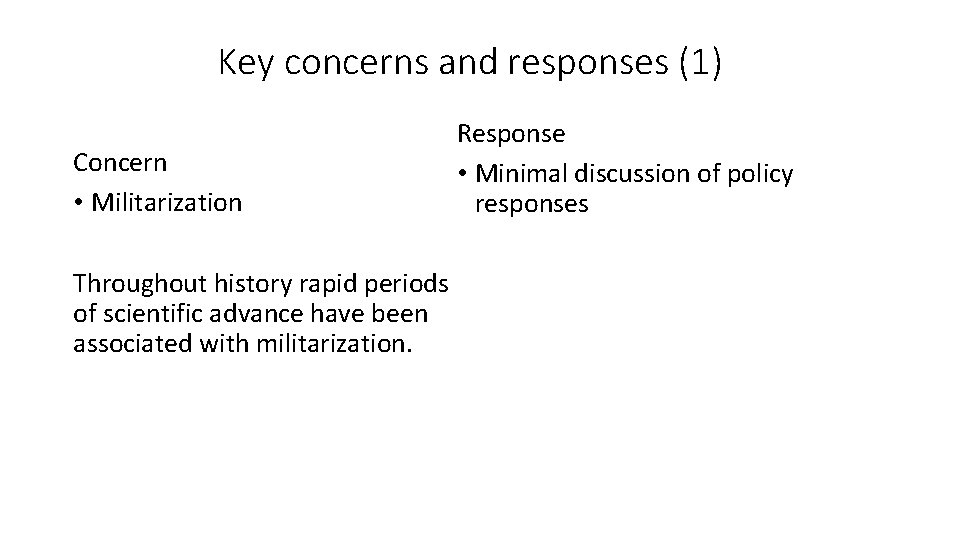 Key concerns and responses (1) Concern • Militarization Throughout history rapid periods of scientific