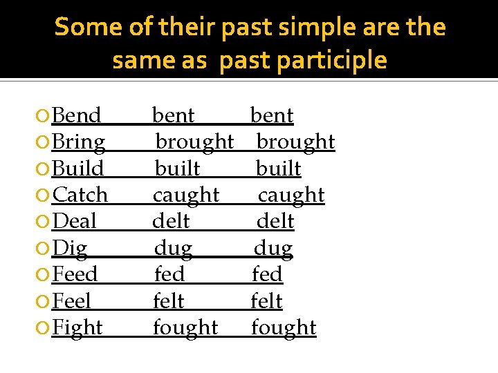 Some of their past simple are the same as past participle Bend Bring Build