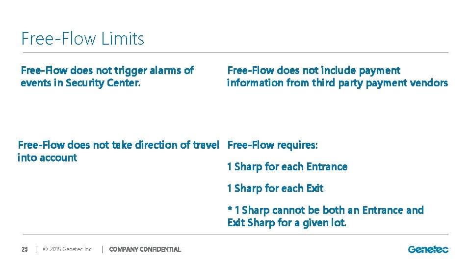 Free-Flow Limits Free-Flow does not trigger alarms of events in Security Center. Free-Flow does