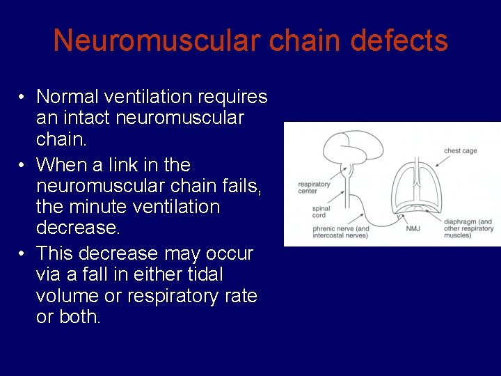 Neuromuscular chain defects • Normal ventilation requires an intact neuromuscular chain. • When a
